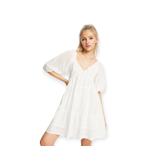 ASOS Mixed Broderie Tiered Mini Babydoll Dress | White | sz 6 | Cotton | Summer - Picture 11 of 11
